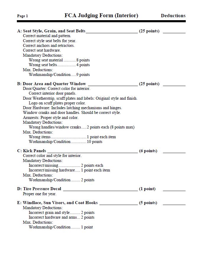 FCA Judging Form Interior Deductions – Talladega and Spoiler Registry